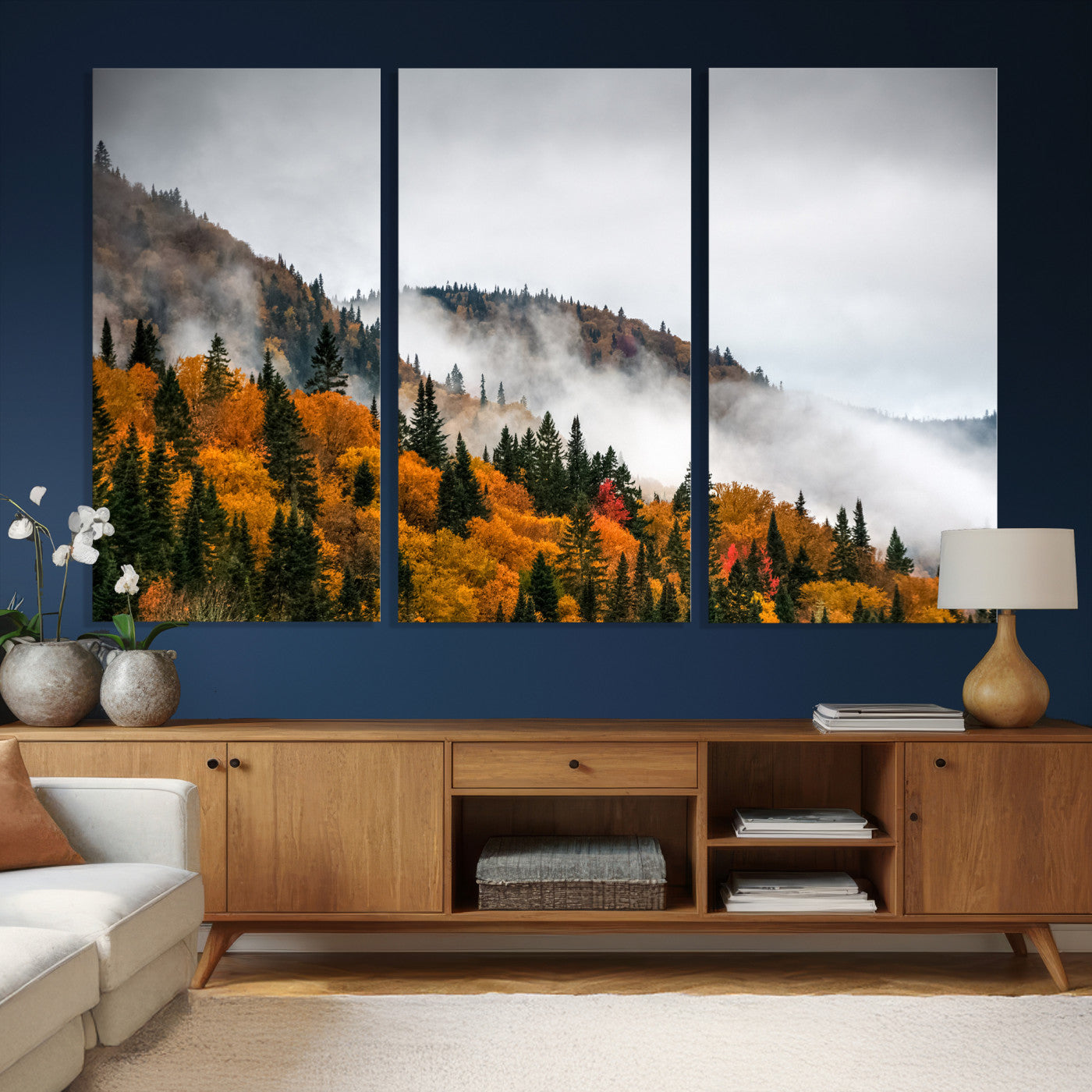 93581632-MGV-CV-36X24 - Autumn Forest Wall Art Canvas Print, Foggy Mountain Landscape Nature Photography, Framed Wall Art Ready to Hang