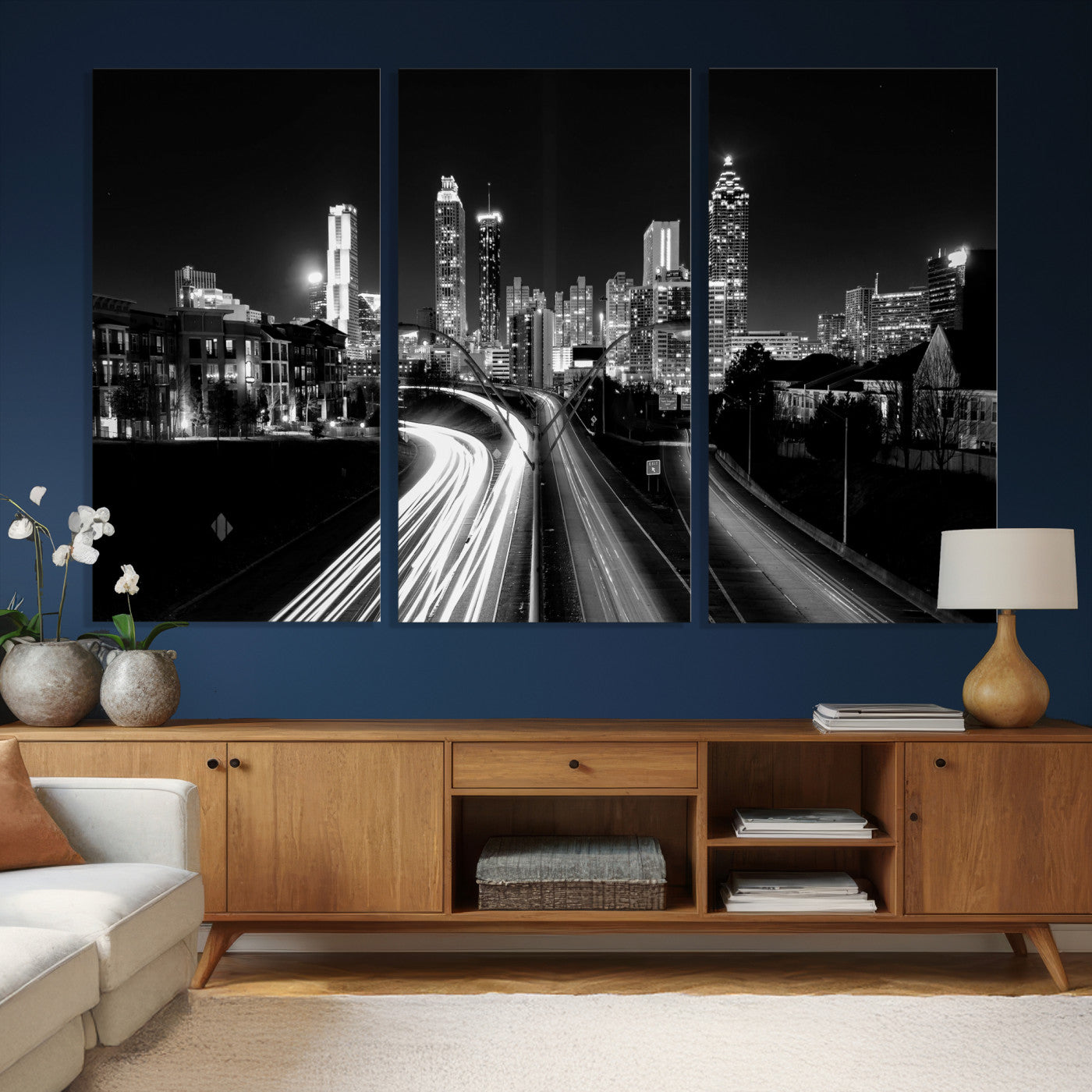 80330064-MGV-CV-36X24 - Atlanta Skyline Wall Art Canvas Print, Atlanta Downtown Night Cityscape Print for Modern Urban Wall Decor