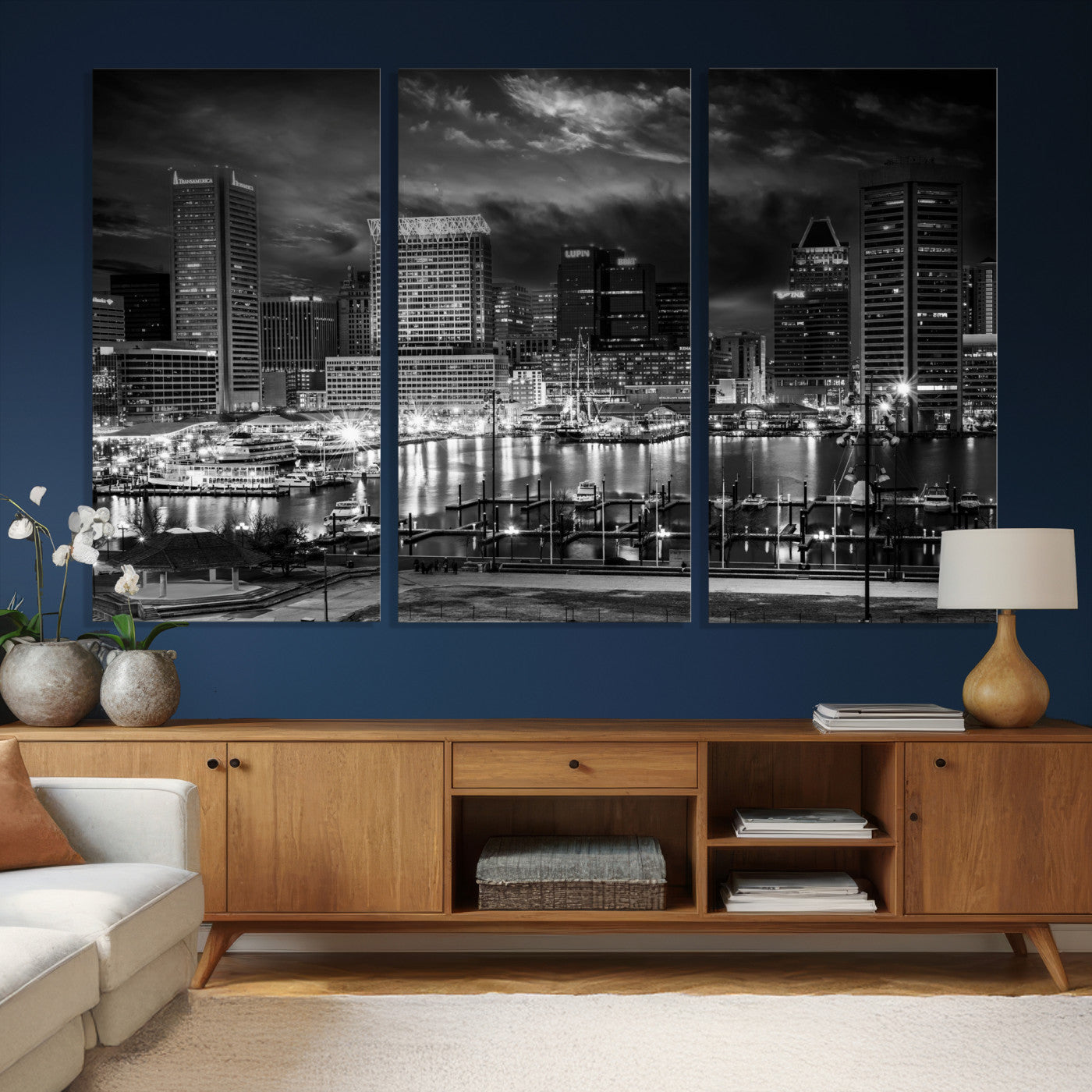 79755655-MGV-CV-36X24 - Baltimore Skyline Wall Art Canvas Print, Baltimore Downtown Night Cityscape Print for Modern Urban Wall Decor