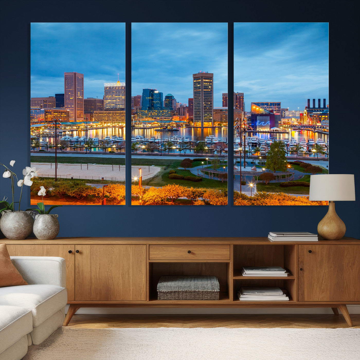 78635089-MGV-CV-36X24 - Baltimore Skyline Wall Art Canvas Print, Baltimore Downtown Night Cityscape Print for Modern Urban Wall Decor