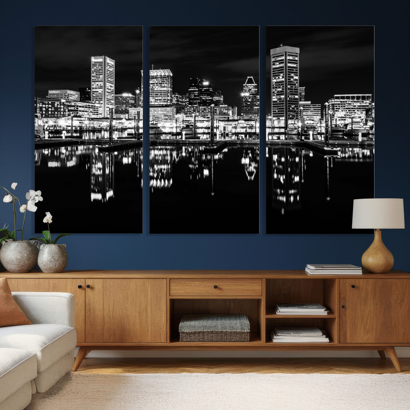 69187681-MGV-CV-36X24 - Baltimore Skyline Wall Art Canvas Print, Baltimore Downtown Night Cityscape Print for Modern Urban Wall Decor
