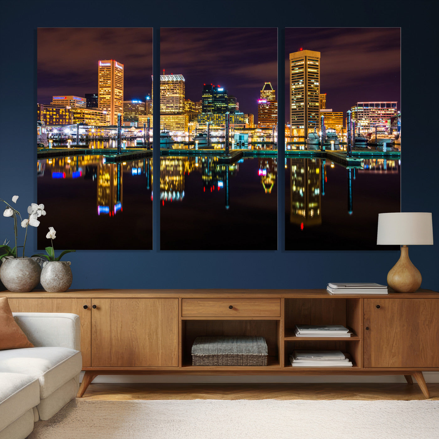 38201692-MGV-CV-36X24 - Baltimore Skyline Wall Art Canvas Print, Baltimore Downtown Night Cityscape Print for Modern Urban Wall Decor