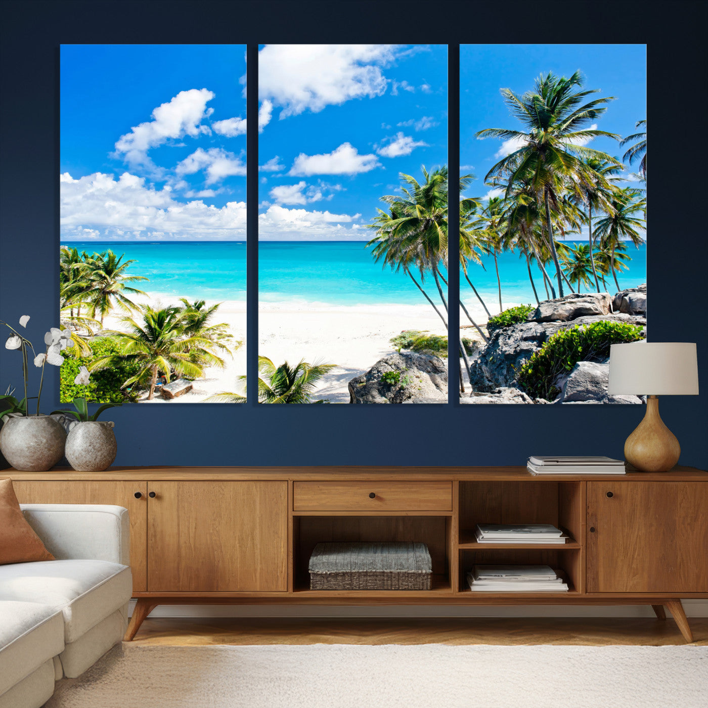 29232878-MGV-CV-36X24 - Barbados Beach Wall Art Canvas Print, Palm Tree Ocean Landscape, Turquoise Sea Coastal Photography, Tropical Island Wall Decor, Framed Ready to Hang