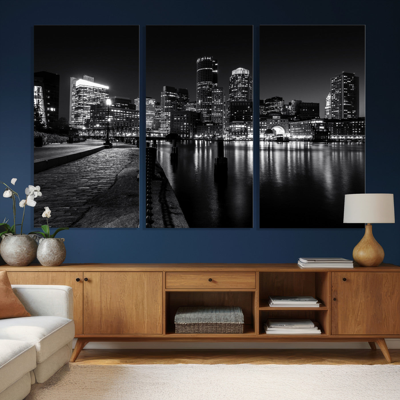 53082656-MGV-CV-36X24 - Boston Wall Art Canvas Print, Boston City Downtown Night Cityscape Print for Modern Urban Wall Decor
