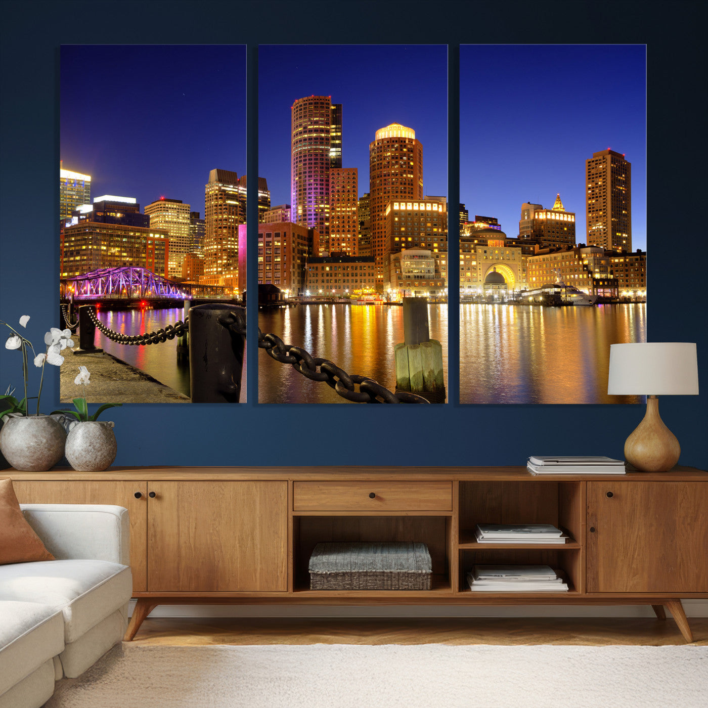 56611117-MGV-CV-36X24 - Boston Wall Art Canvas Print, Boston City Downtown Night Cityscape Print for Modern Urban Wall Decor