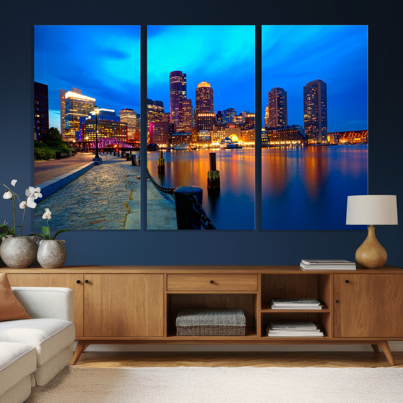 69619565-MGV-CV-36X24 - Boston Wall Art Canvas Print, Boston City Downtown Night Cityscape Print for Modern Urban Wall Decor