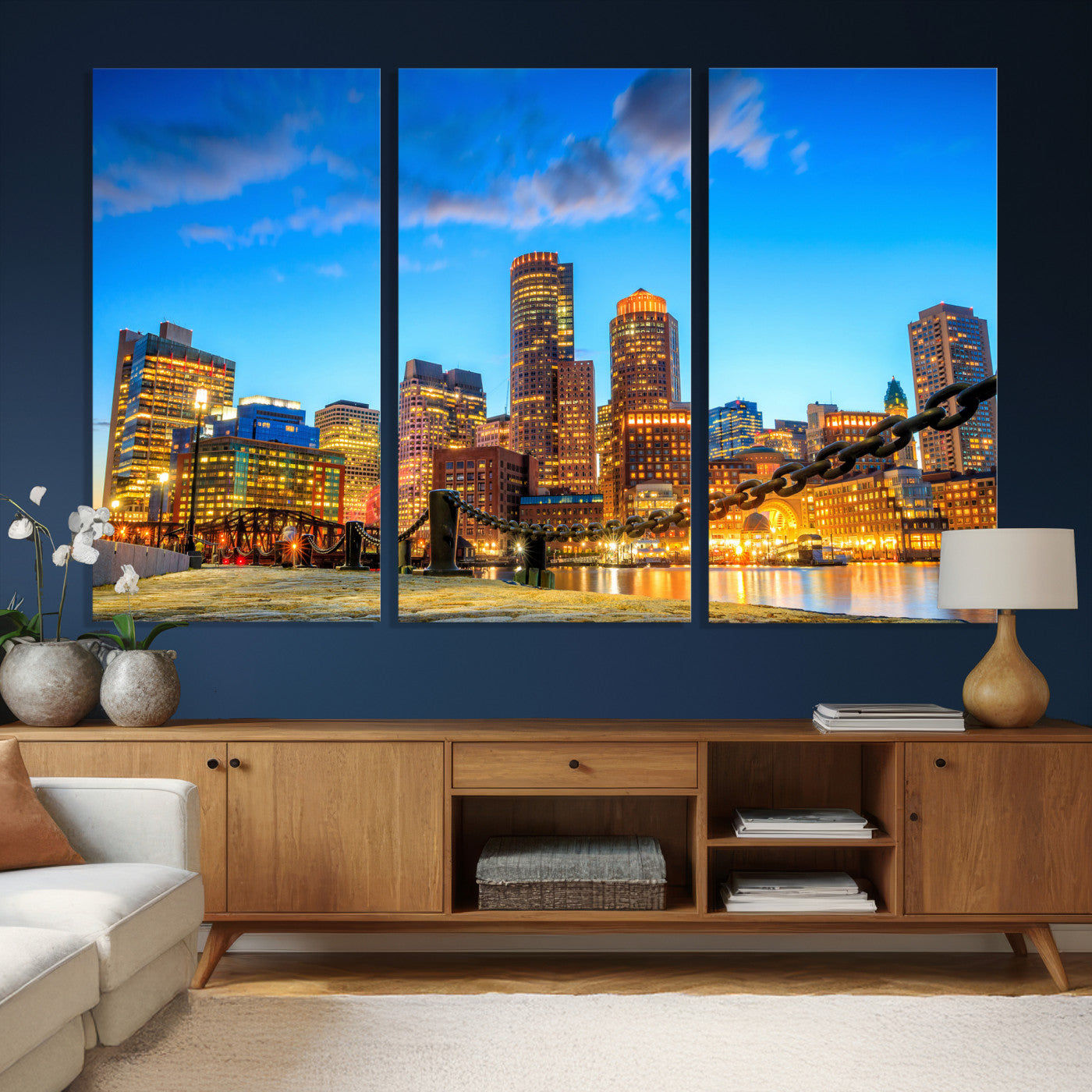 46736409-MGV-CV-36X24 - Boston Wall Art Canvas Print, Boston City Downtown Night Cityscape Print for Modern Urban Wall Decor