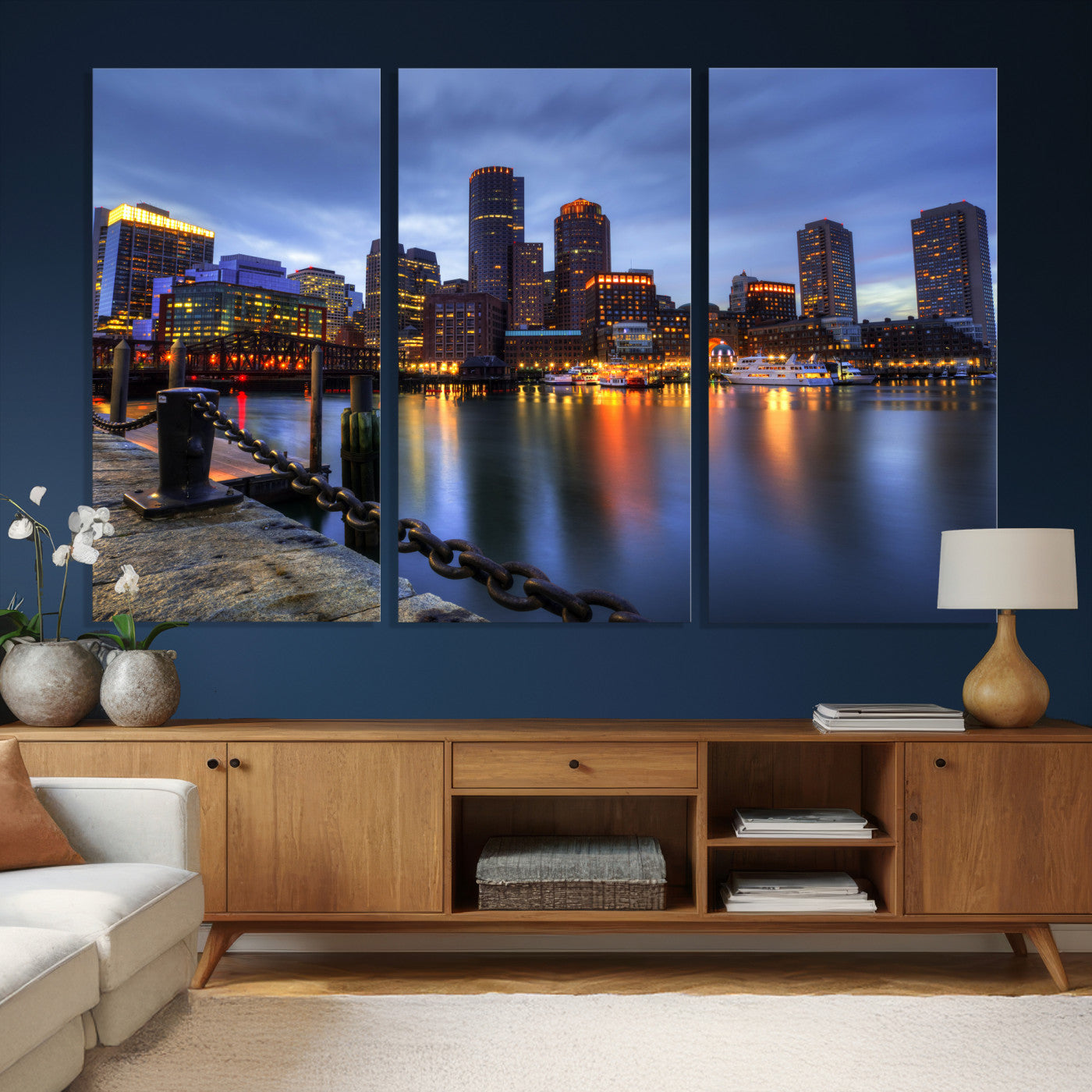 82439622-MGV-CV-36X24 - Boston Wall Art Canvas Print, Boston City Downtown Night Cityscape Print for Modern Urban Wall Decor