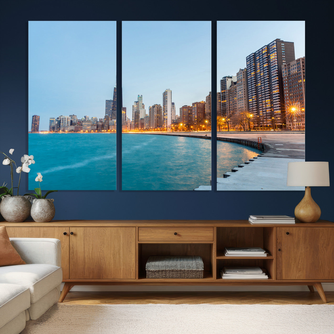 66780141-MGV-CV-36X24 - Chicago Wall Art Canvas Print, Chicago City Downtown Night Cityscape Print for Modern Urban Wall Decor