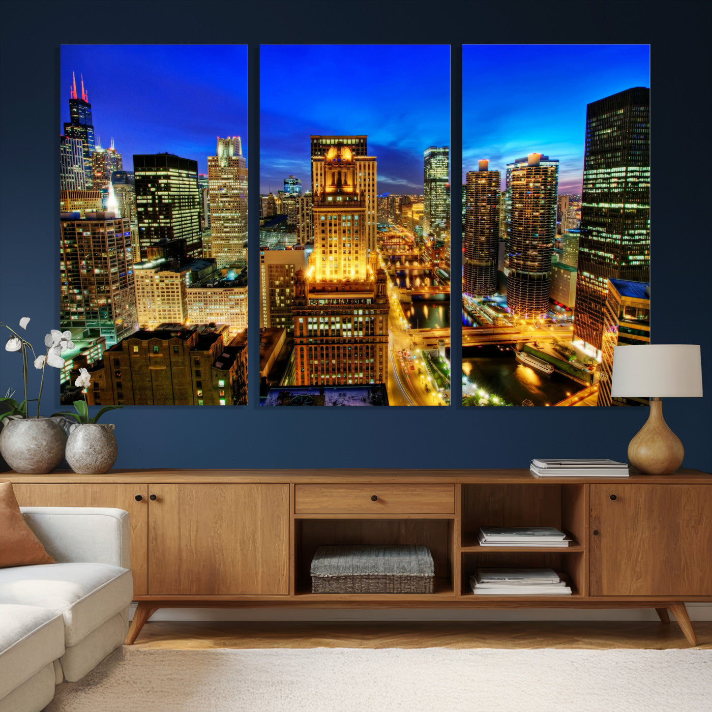 46298885-MGV-CV-36X24 - Chicago Wall Art Canvas Print, Chicago City Downtown Night Cityscape Print for Modern Urban Wall Decor