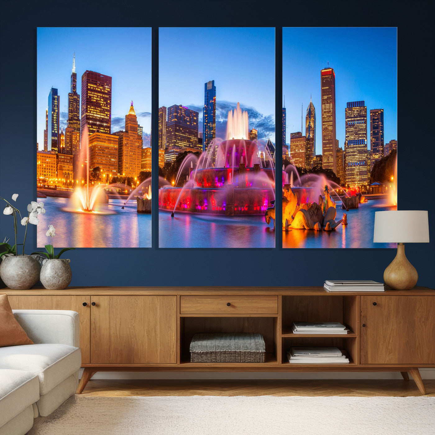 20251989-MGV-CV-36X24 - Chicago Wall Art Canvas Print, Chicago City Downtown Night Cityscape Print for Modern Urban Wall Decor