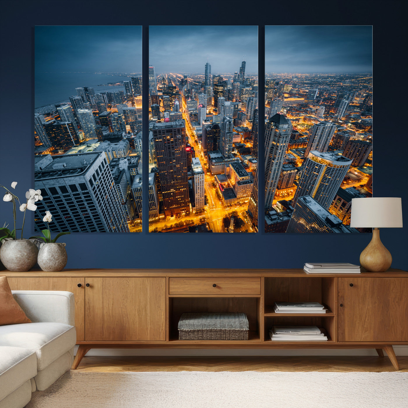 81742538-MGV-CV-36X24 - Chicago Wall Art Canvas Print, Chicago City Downtown Night Cityscape Print for Modern Urban Wall Decor