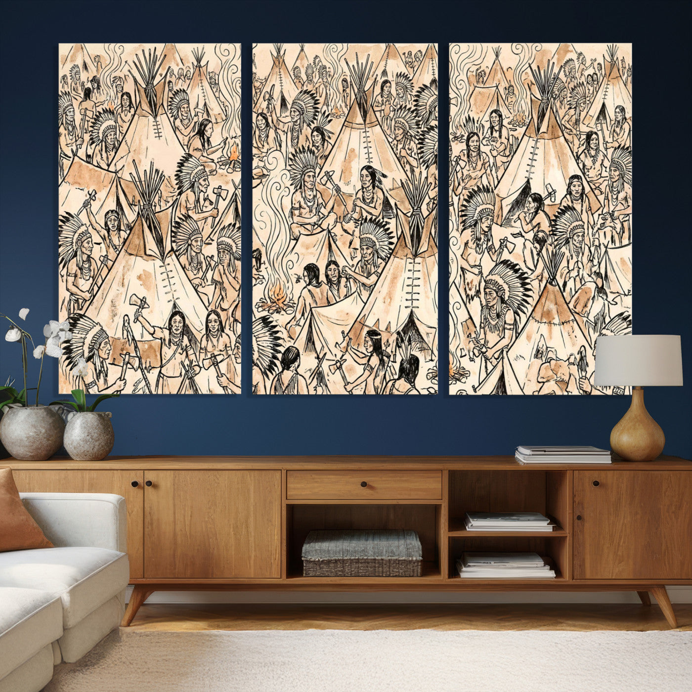 72739176-MGV-CV-36X24 - Farmhouse Animals Wall Art Canvas Print - Abstract Farm Animal Drawing Mid-Century Wall Art for Cabin Decor