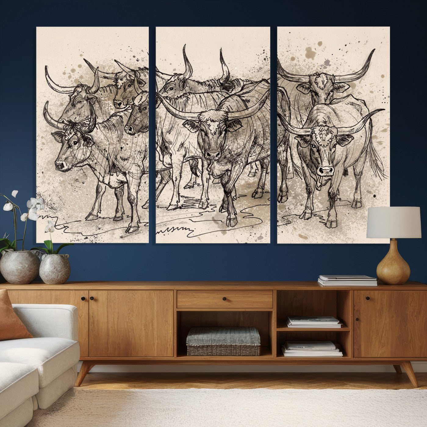 74232558-MGV-CV-36X24 - Farmhouse Animals Wall Art Canvas Print - Abstract Farm Animal Drawing Mid-Century Wall Art for Cabin Decor