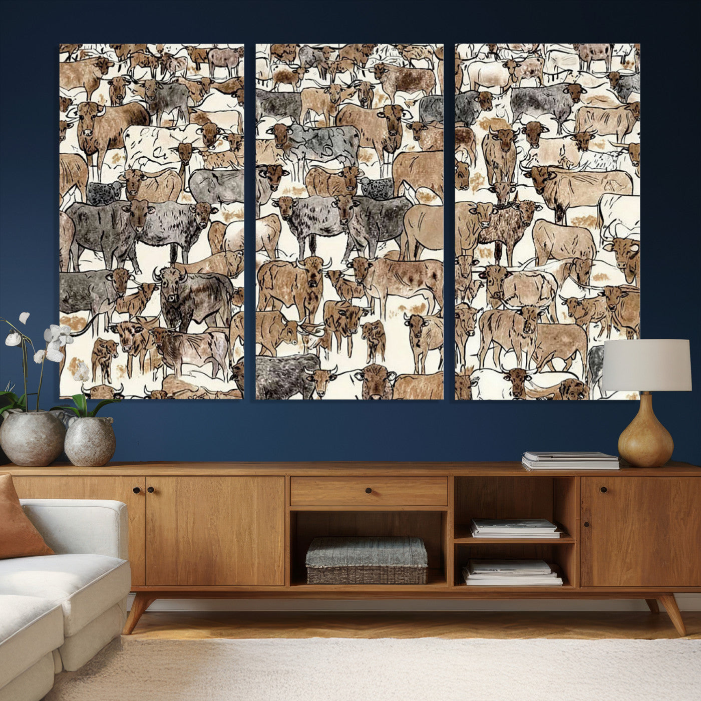 76902119-MGV-CV-36X24 - Farmhouse Animals Wall Art Canvas Print - Abstract Farm Animal Drawing Mid-Century Wall Art for Cabin Decor