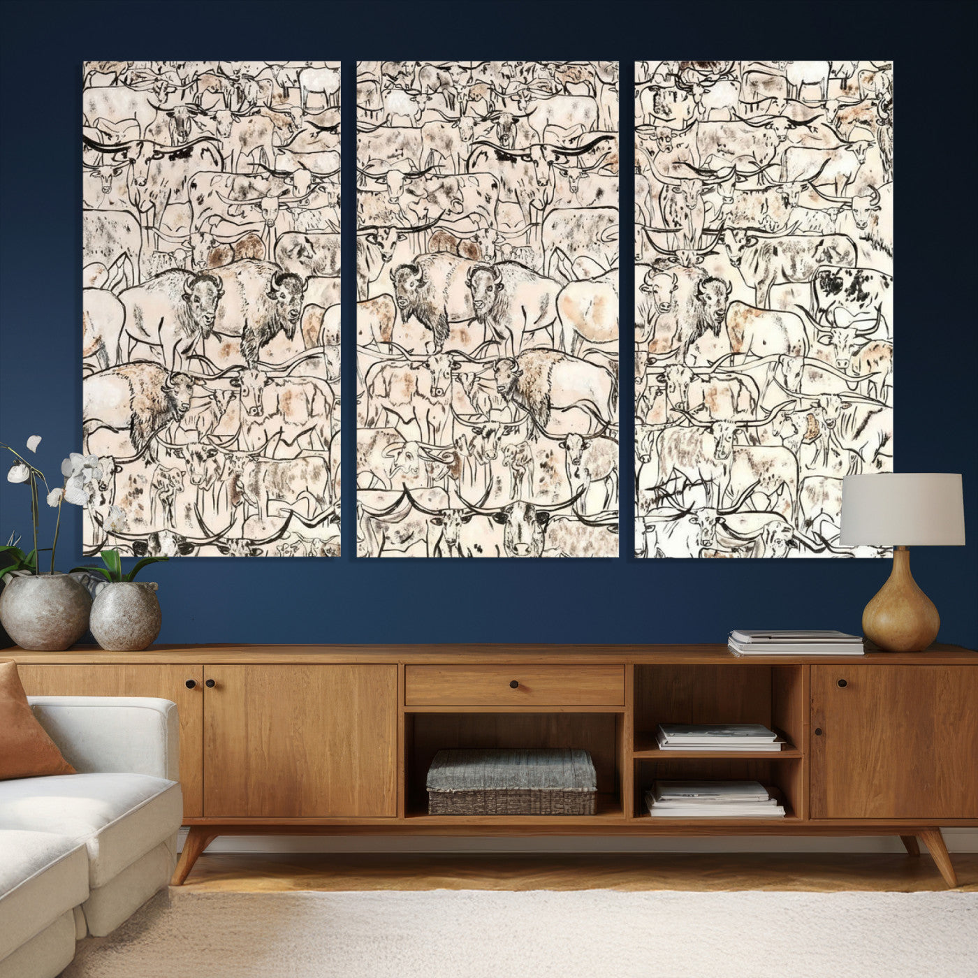 36925875-MGV-CV-36X24 - Farmhouse Animals Wall Art Canvas Print - Abstract Farm Animal Drawing Mid-Century Wall Art for Cabin Decor