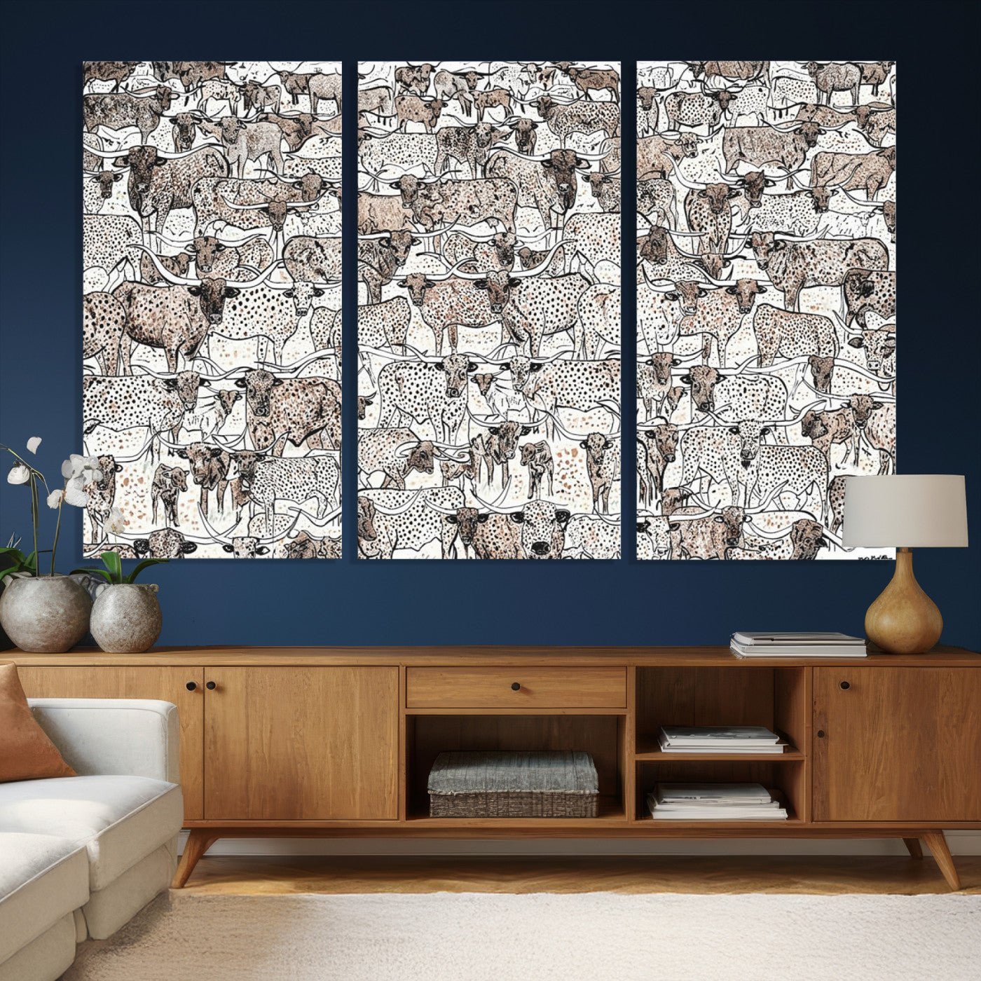 49200255-MGV-CV-36X24 - Farmhouse Animals Wall Art Canvas Print - Abstract Farm Animal Drawing Mid-Century Wall Art for Cabin Decor