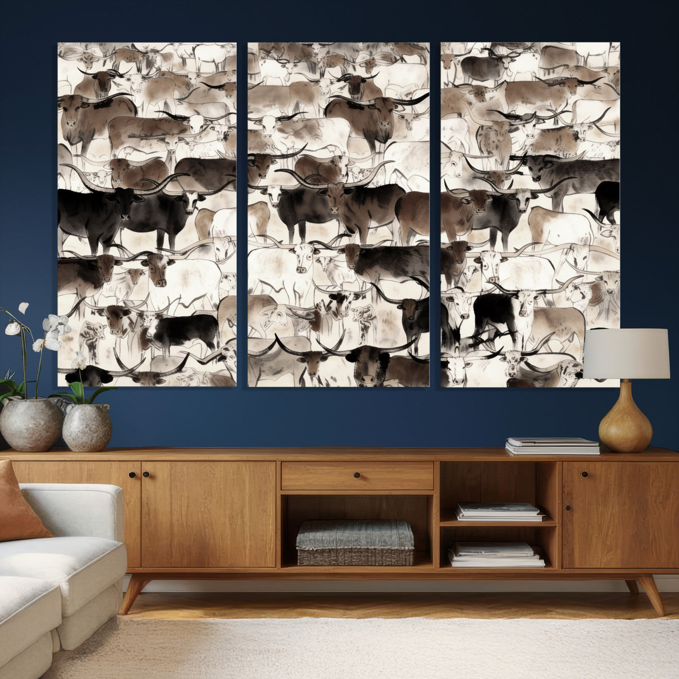 46084312-MGV-CV-36X24 - Farmhouse Animals Wall Art Canvas Print - Abstract Farm Animal Drawing Mid-Century Wall Art for Cabin Decor