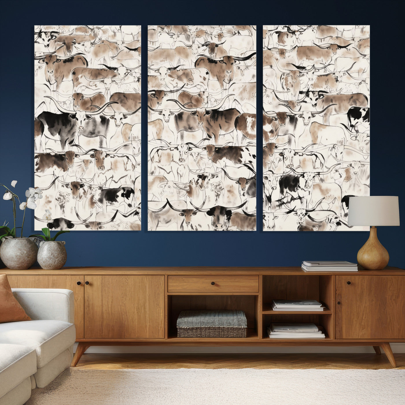 66685375-MGV-CV-36X24 - Farmhouse Animals Wall Art Canvas Print - Abstract Farm Animal Drawing Mid-Century Wall Art for Cabin Decor