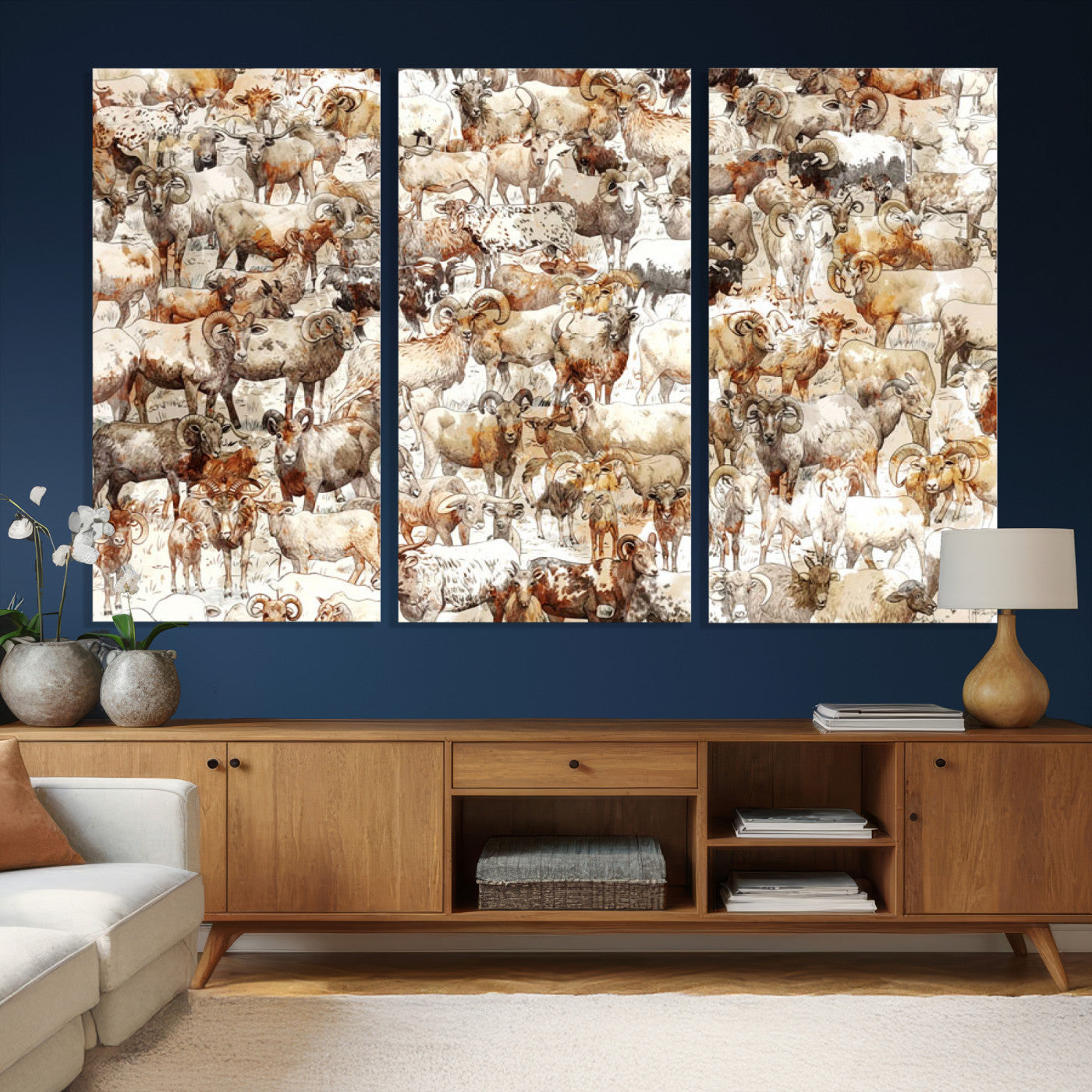 95103864-MGV-CV-36X24 - Farmhouse Animals Wall Art Canvas Print - Abstract Farm Animal Drawing Mid-Century Wall Art for Cabin Decor