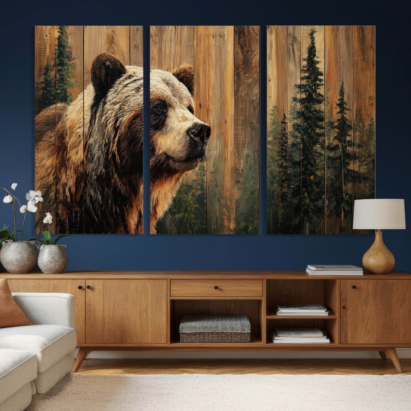 75645180-MGV-CV-36X24 - Grizzly Bear Wall Art Canvas Print, Rustic Wildlife Bear Artwork, Forest Animal Painting, Cabin Lodge Nature Wall Decor