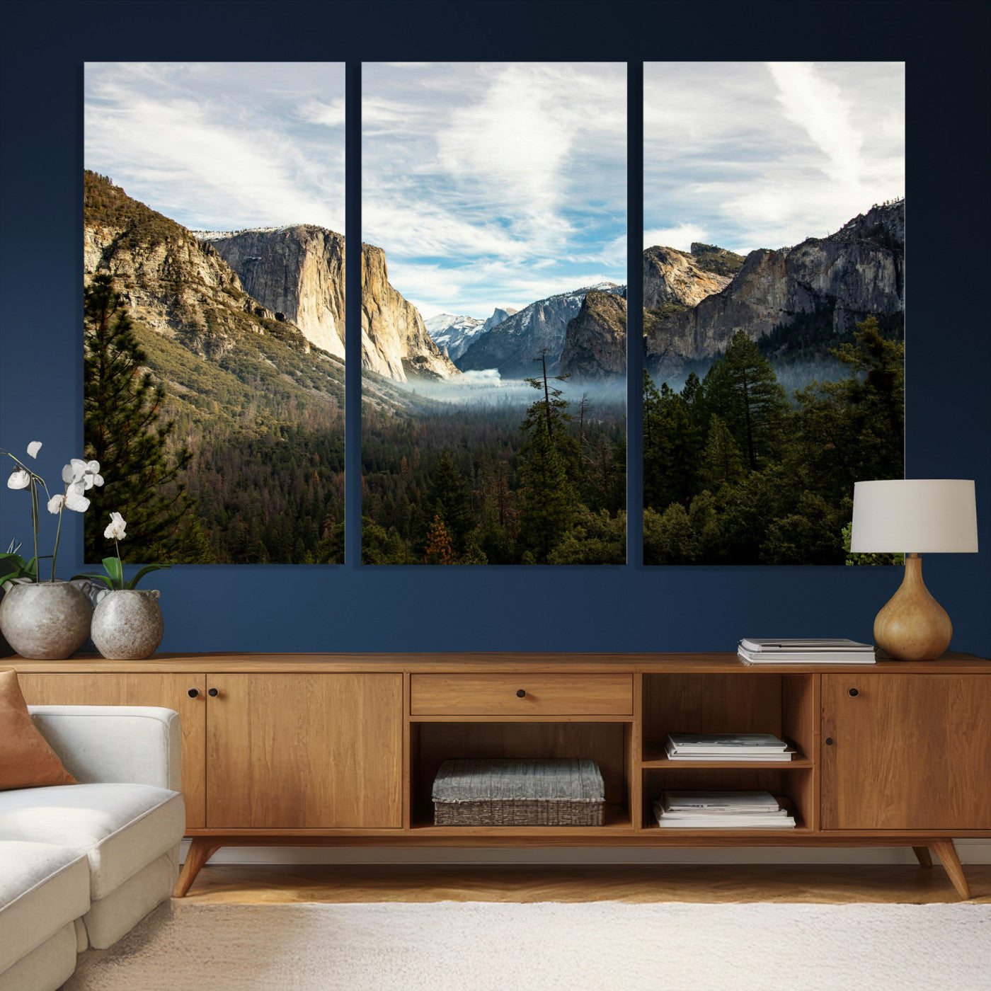 15089394-MGV-CV-36X24 - Yosemite Valley Mountain Landscape Wall Art Canvas Print, Granite Cliff Forest Valley Canvas Print, California National Park Scenic Art Printing
