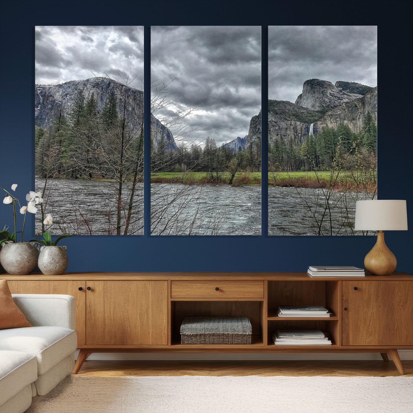 75582552-MGV-CV-36X24 - Yosemite Valley River Landscape Wall Art Canvas Print, Granite Cliffs Forest River Canvas Print, California National Park Moody Scenic Art Printi