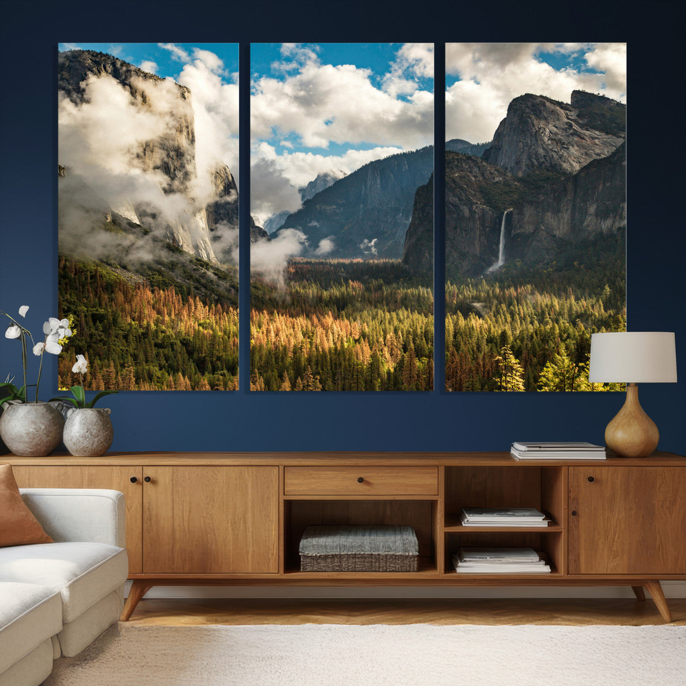18271001-MGV-CV-36X24 - Yosemite Valley River Landscape Wall Art Canvas Print, Granite Cliffs Forest River Canvas Print, California National Park Moody Scenic Art Printi