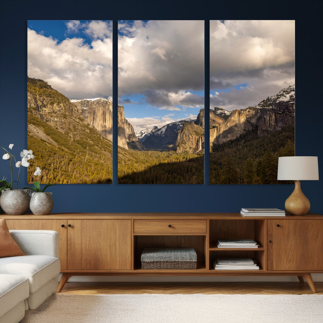 Yosemite Valley River Landscape Wall Art Canvas Print, Moody Granite Cliffs and Forest River