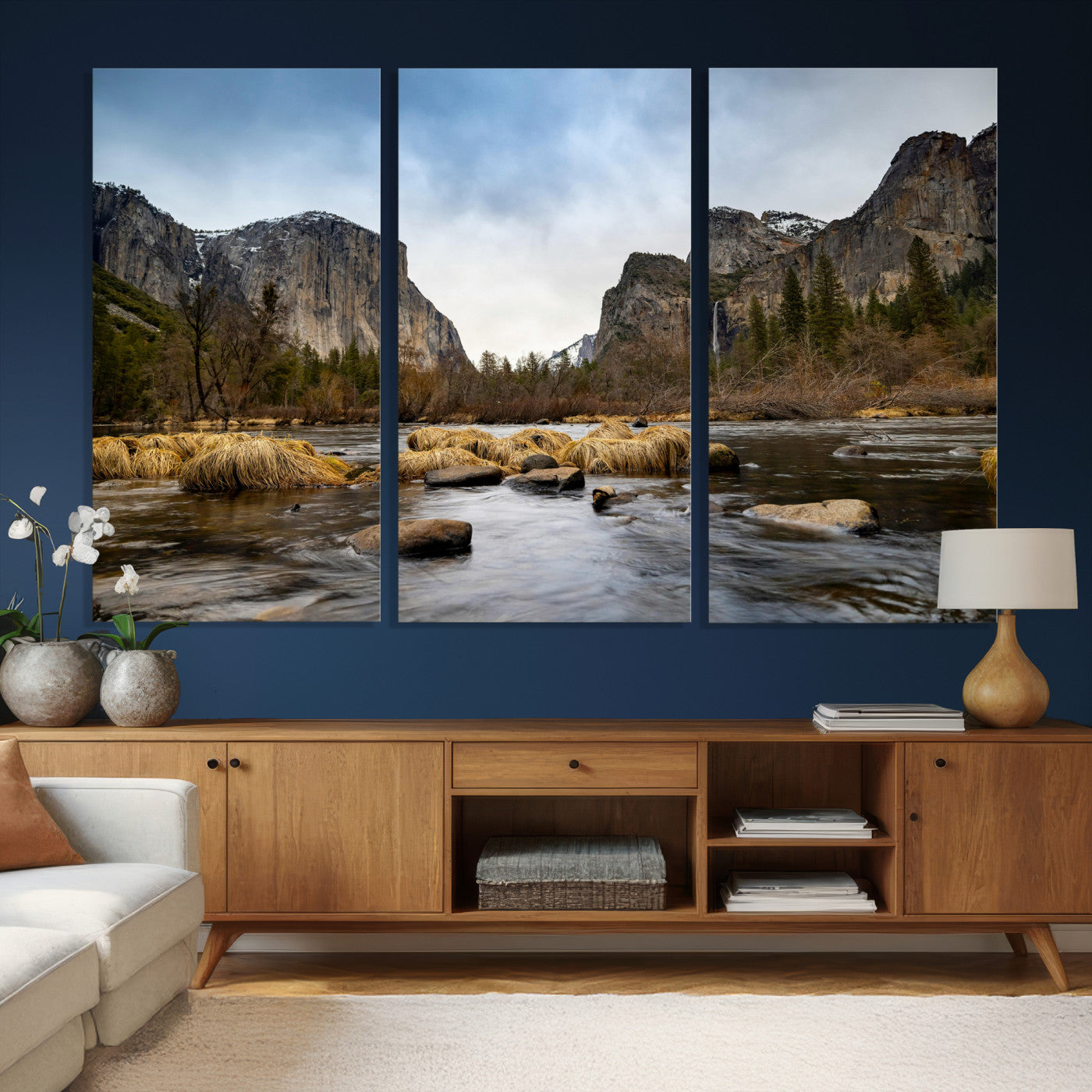 20458404-MGV-CV-36X24 - Yosemite Valley Mountain Landscape Wall Art Canvas Print, Granite Cliff Forest Valley Canvas Print, California National Park Scenic Art Printing