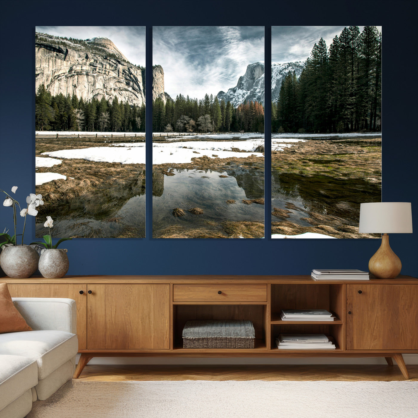 14527348-MGV-CV-36X24 - Yosemite Valley Mountain Landscape Wall Art Canvas Print, Granite Cliff Forest Valley Canvas Print, California National Park Scenic Art Printing