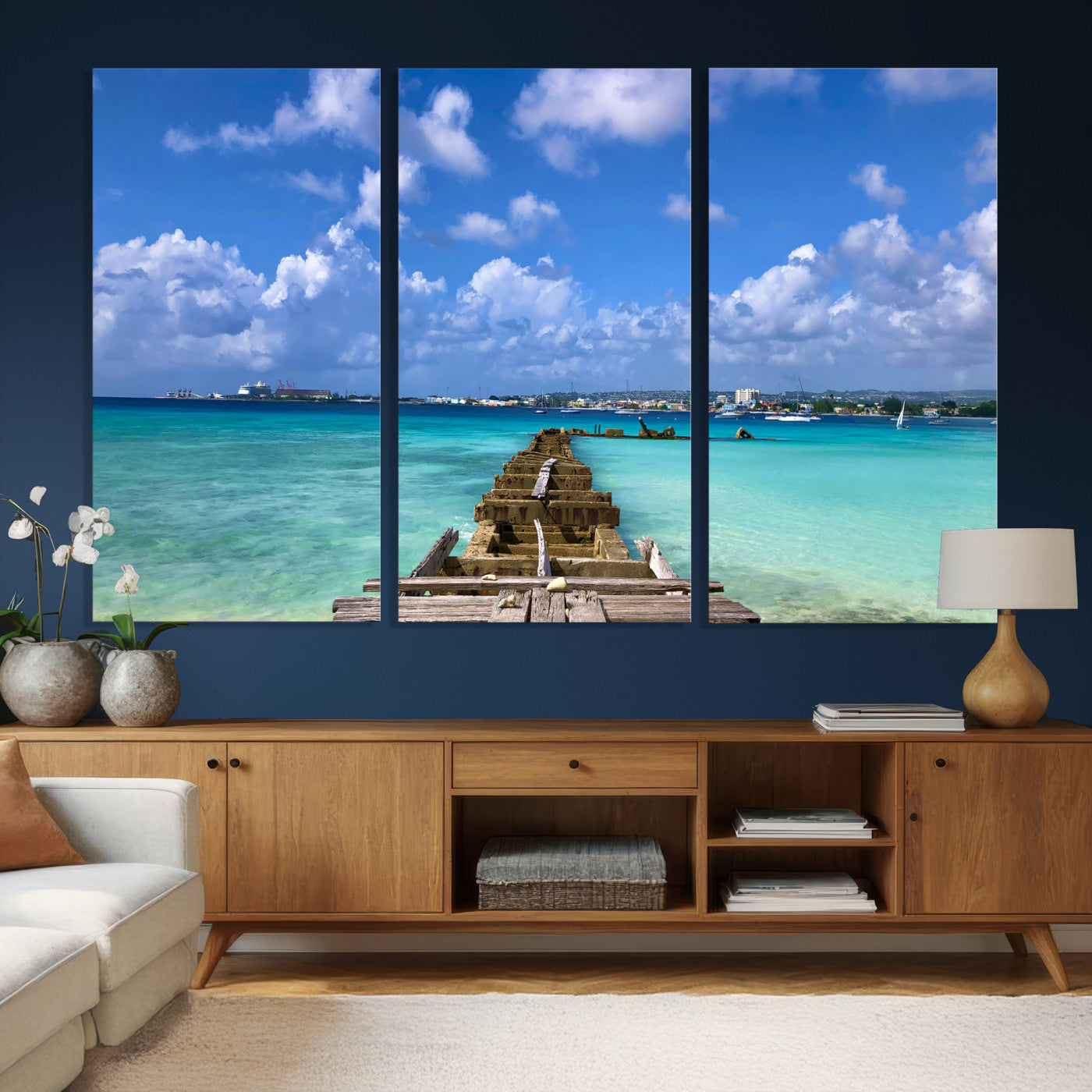 43165024-MGV-CV-36X24 - Caribbean Ocean Pier Seascape Wall Art Canvas Print, Turquoise Sea Tropical Harbor Canvas Print, Island Coastal Blue Water Scenic Art Printing