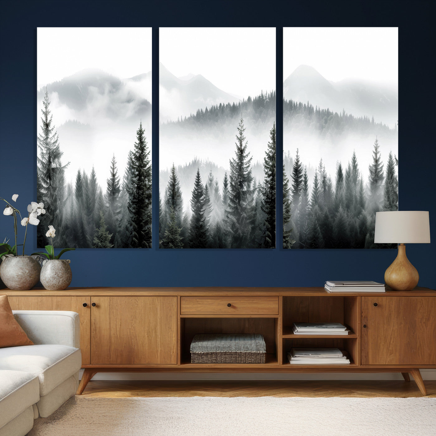 38819032-MGV-CV-36X24 - Misty Pine Forest Mountain Landscape Wall Art Canvas Print, Foggy Evergreen Trees Minimal Nature Canvas Print, Monochrome Wilderness Scenic Art Printing