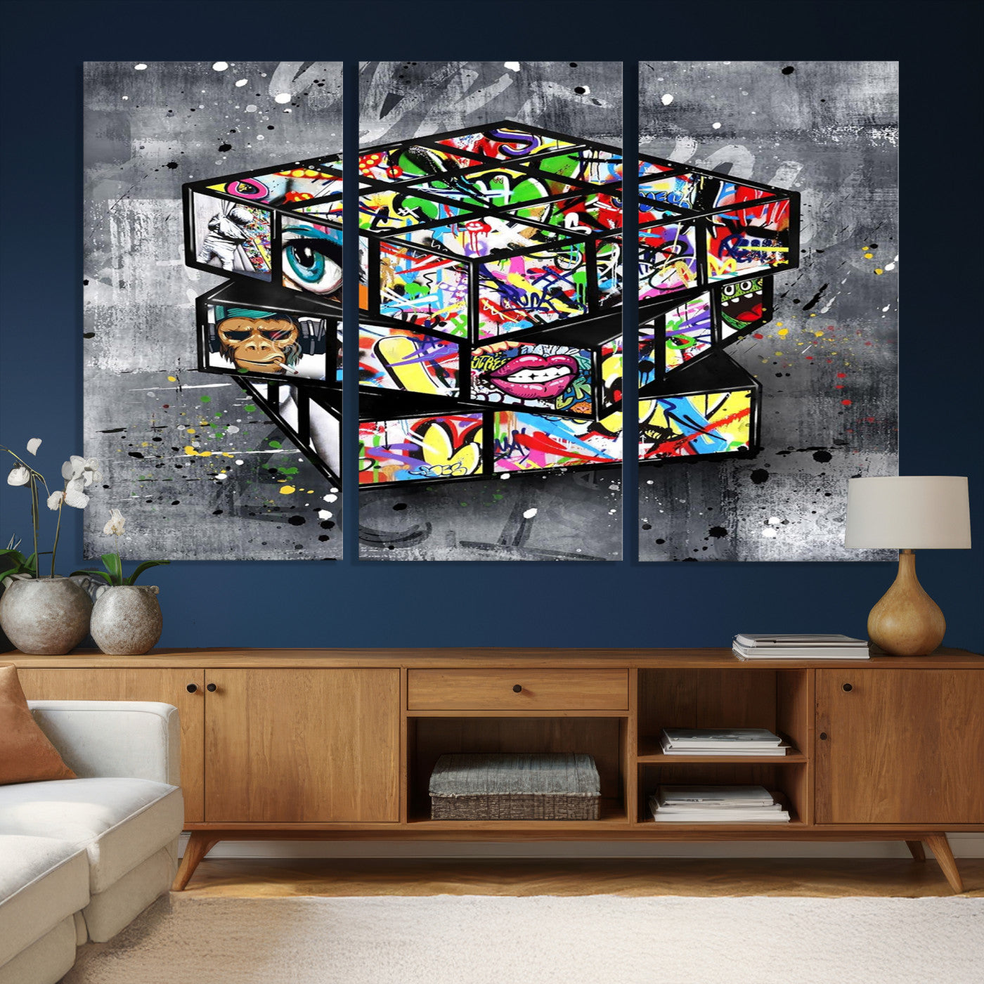 46789556-MGV-CV-36X24 - Graffiti Cube Abstract Street Art Wall Art Canvas Print, Colorful Urban Pop Art Geometric Canvas Print, Modern Street Art Contemporary Art Printing