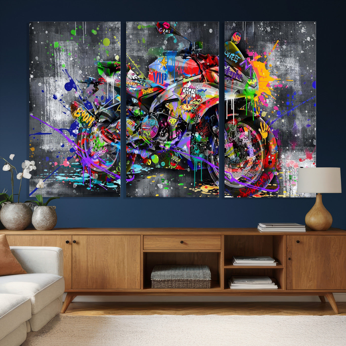 83021767-MGV-CV-36X24 - Graffiti Motorcycle Wall Art Canvas Print, Urban Street Art Motorbike Decor, Colorful Graffiti Sports Bike Artwork