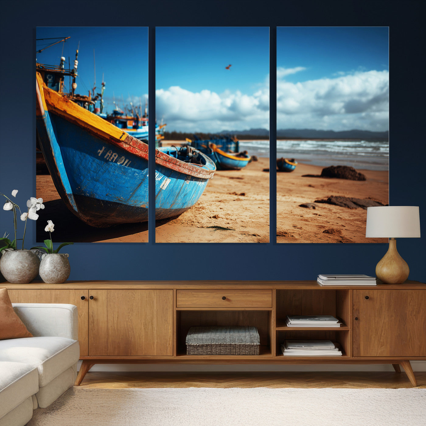 70925201-MGV-CV-36X24 - Fishing Boats Wall Art Canvas Print, Coastal Boat Beach Scene, Nautical Seaside Artwork, Ocean Shore Decor, Coastal Home Wall Art