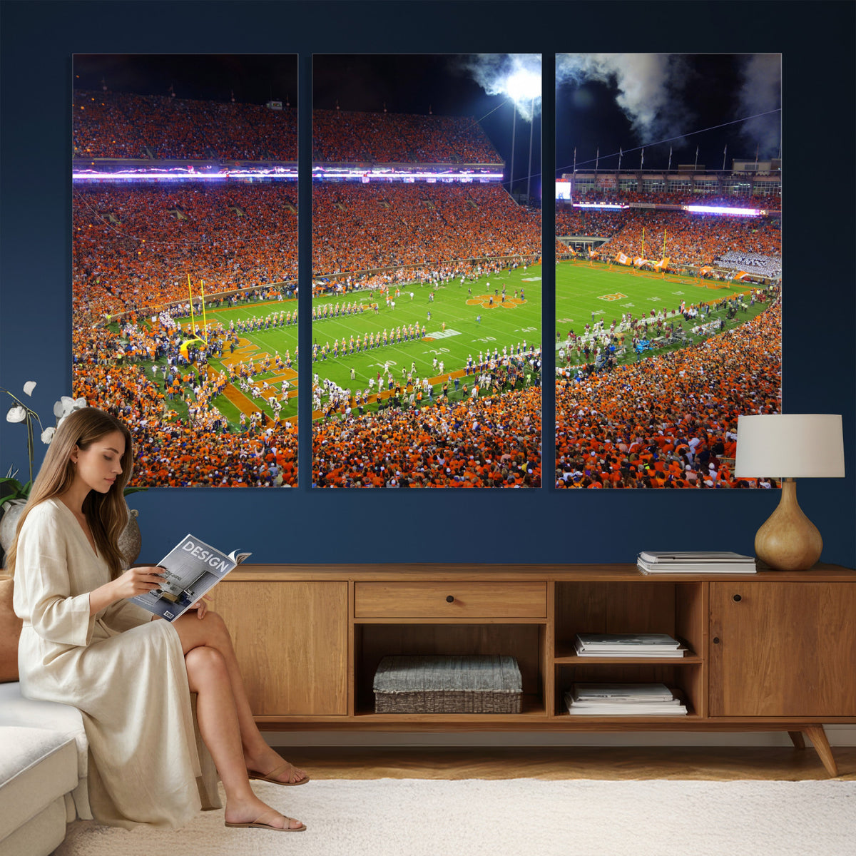 43662631-MGV-CV-36X24 - Clemson Football Stadium Wall Art Canvas Print, College Football Crowd Night Game Scene, Orange Stadium Panorama Wall Decor