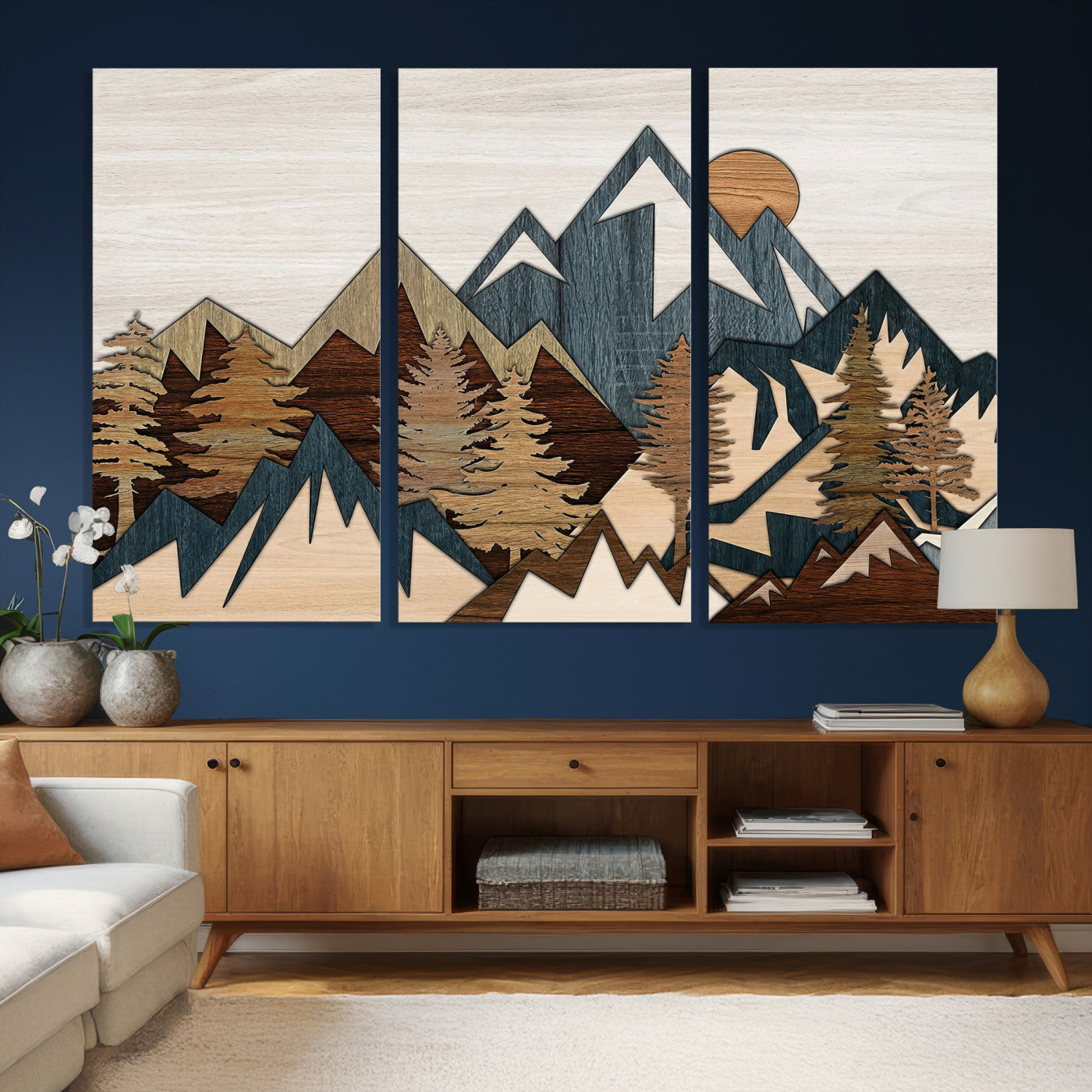 61833055-MGV-CV-36X24 - Mountain Forest Wall Art Canvas Print, Layered Wood Landscape Artwork, Rustic Nature Wall Decor for Living Room