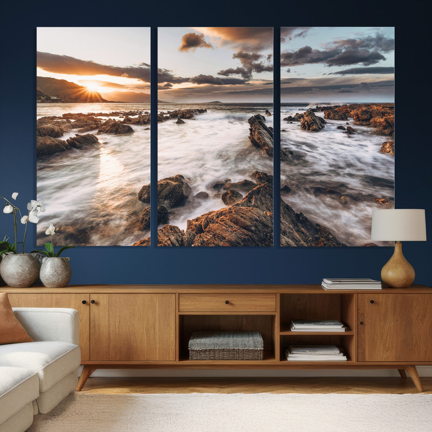 66746024-MGV-CV-36X24 - Rocky Coast Ocean Sunset Wall Art Canvas Print, Dramatic Seascape Nature Wall Decor for Living Room and Office