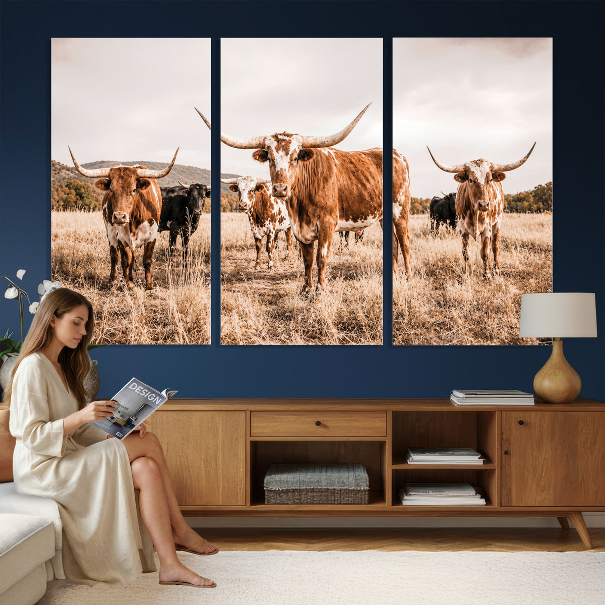 27539727-MGV-CV-36X24 - Texas Longhorn Cattle Wall Art Canvas Print, Sepia Western Decor