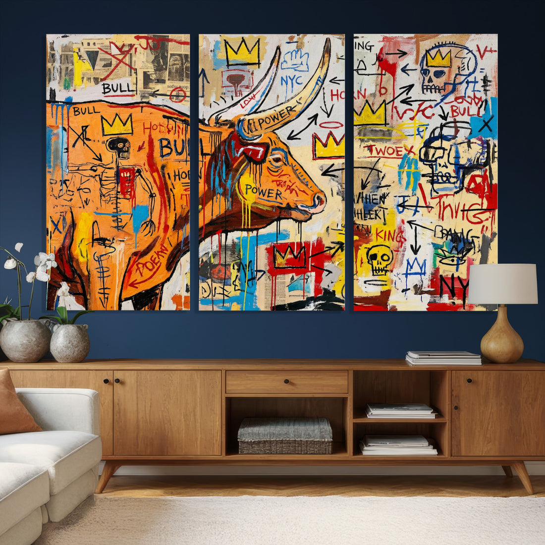 Basquiat Style Bull Graffiti Wall Art Canvas Print, Street Art Decor