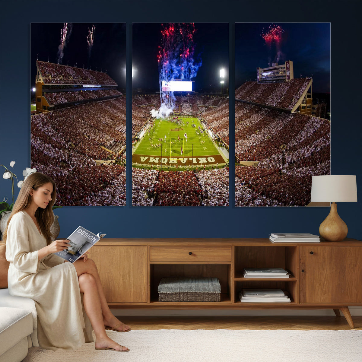 43197777-MGV-CV-36X24 - Oklahoma Memorial Stadium Wall Art Canvas Print – Oklahoma Sooners Football Artwork for Home, Office, and Sports Room Decor