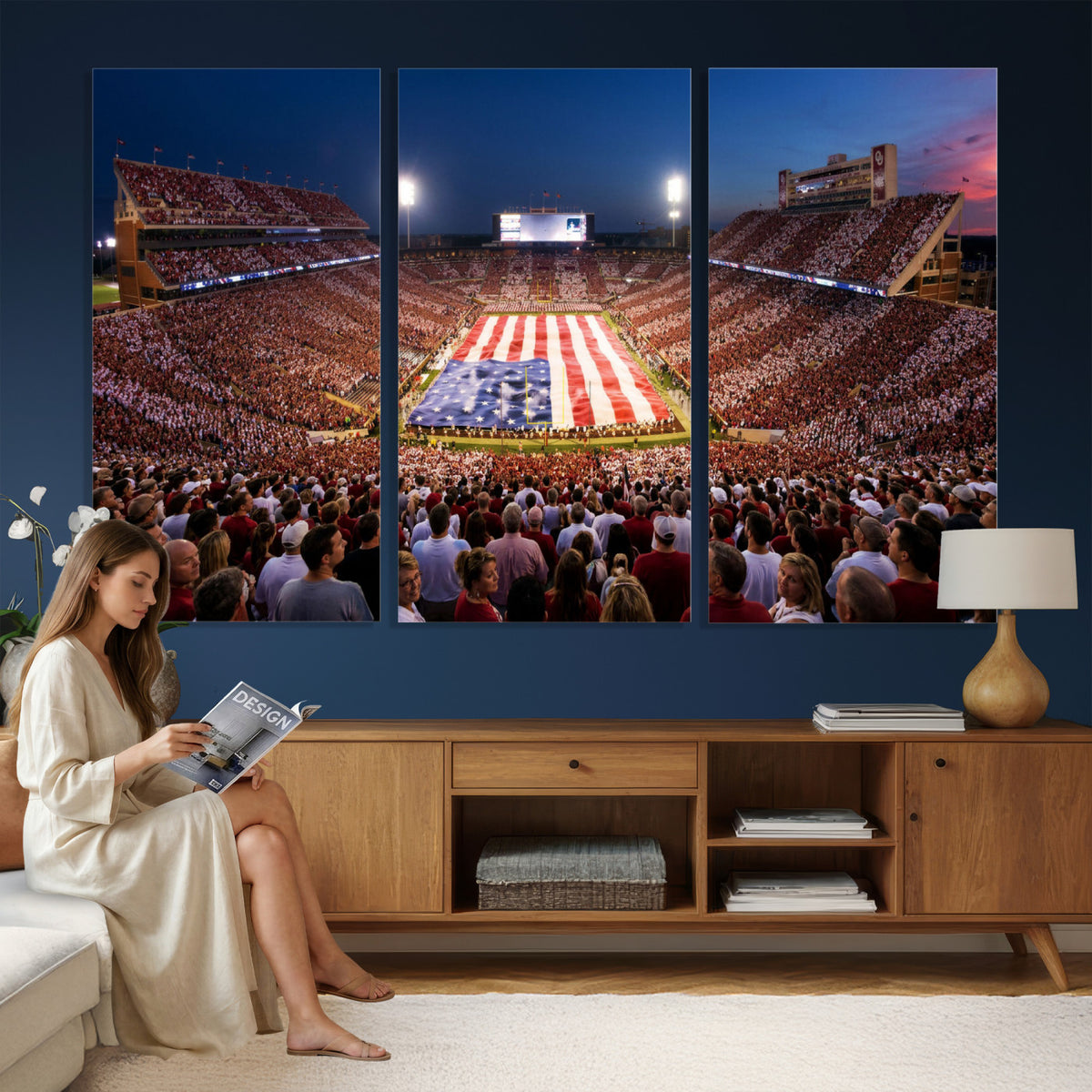 59917418-MGV-CV-36X24 - Oklahoma Memorial Stadium Wall Art Canvas Print – Oklahoma Sooners Football Artwork for Home, Office, and Sports Room Decor