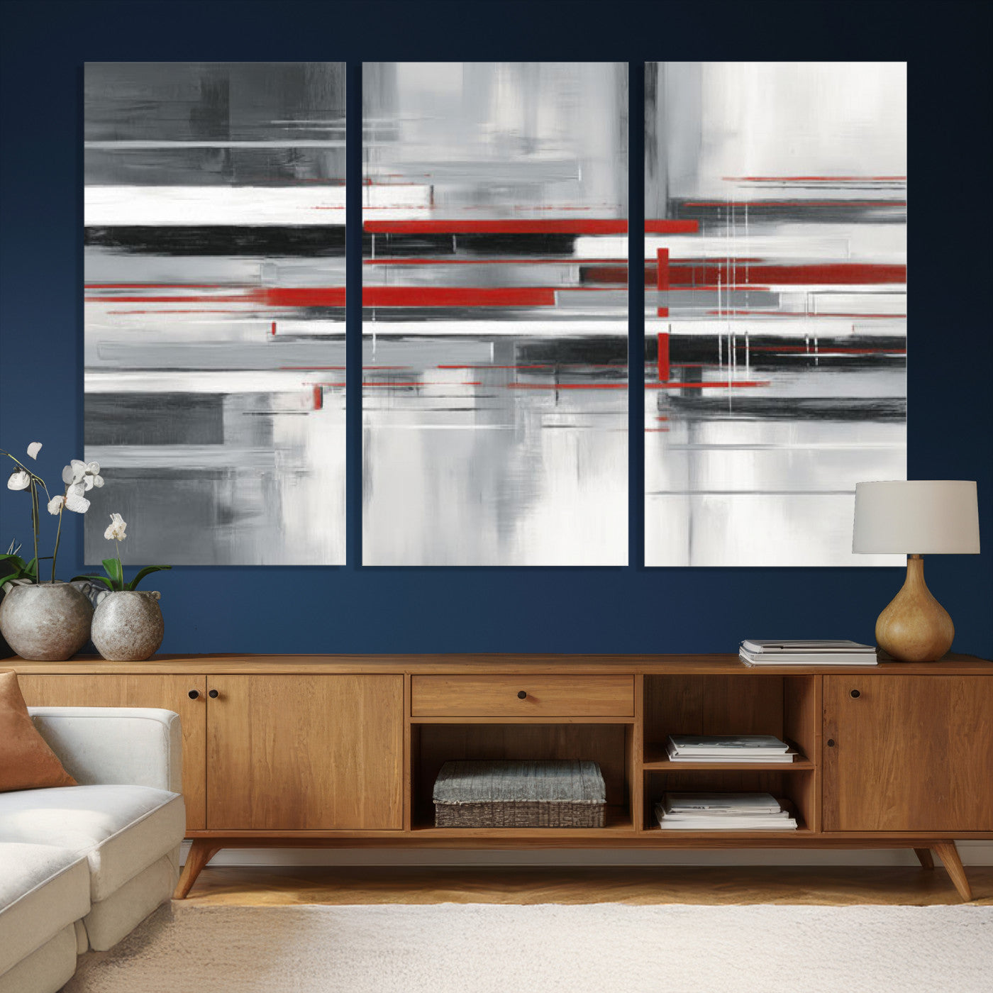 62640681-MGV-CV-36X24 - Gray Red Abstract Wall Art Canvas Print, Modern Abstract Canvas Wall Decor for Contemporary Living Room and Office