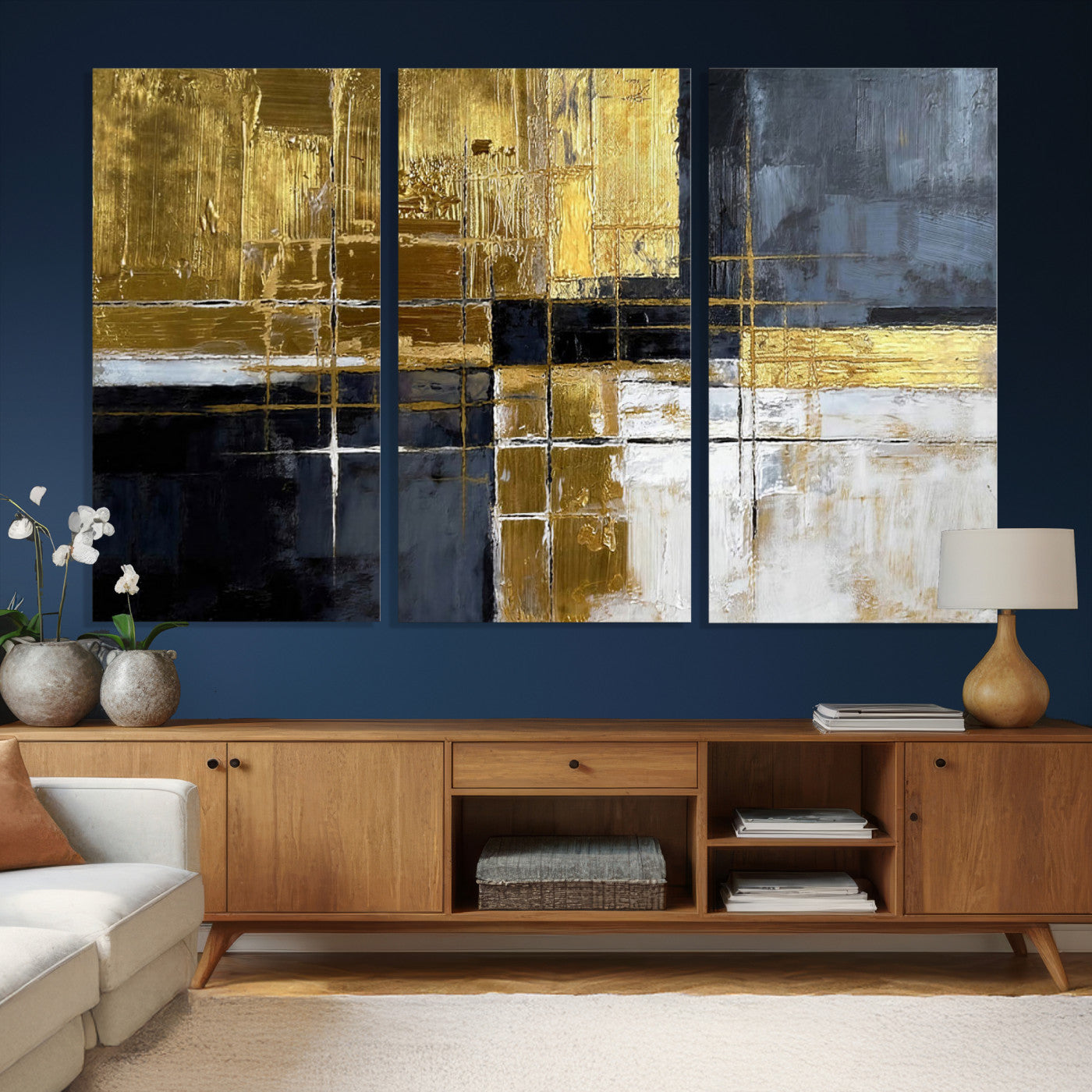76917030-MGV-CV-36X24 - Gold Navy Abstract Wall Art Canvas Print, Modern Luxury Geometric Painting Wall Decor for Living Room and Office