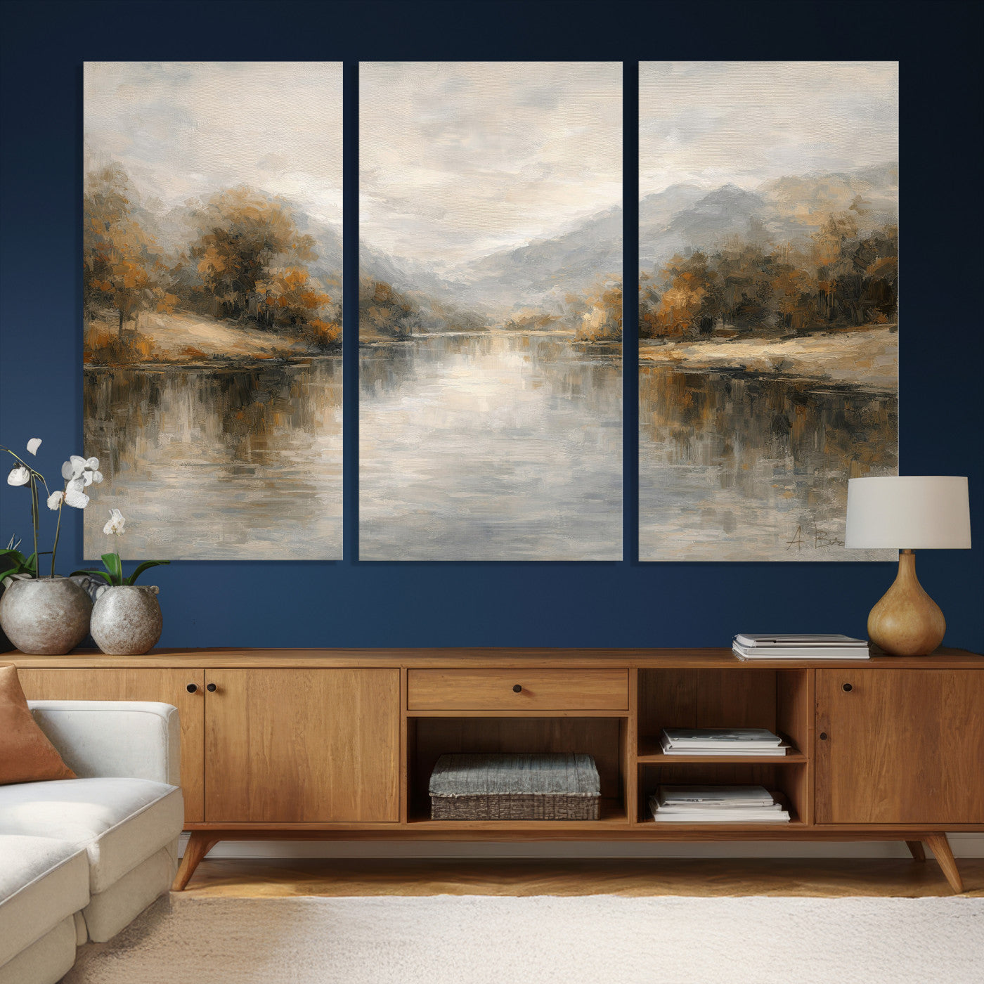 29251761-MGV-CV-36X24 - Neutral Abstract River Landscape Wall Art Canvas Print, Modern Minimal Nature Reflection Canvas Print, Beige Gray Contemporary Mountain Art Printing