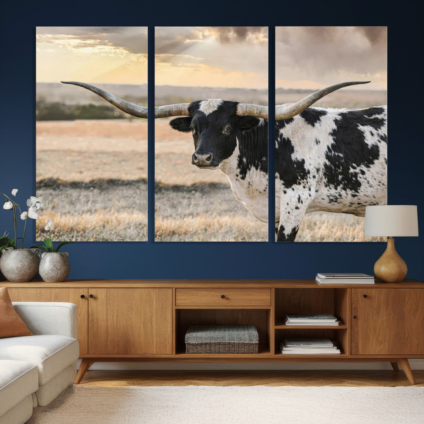 49350433-MGV-CV-36X24 - Texas Longhorn Bull Rustic Wall Art Canvas Print, Western Cattle Photography Canvas Print, Ranch Farm Animal Western Art Printing