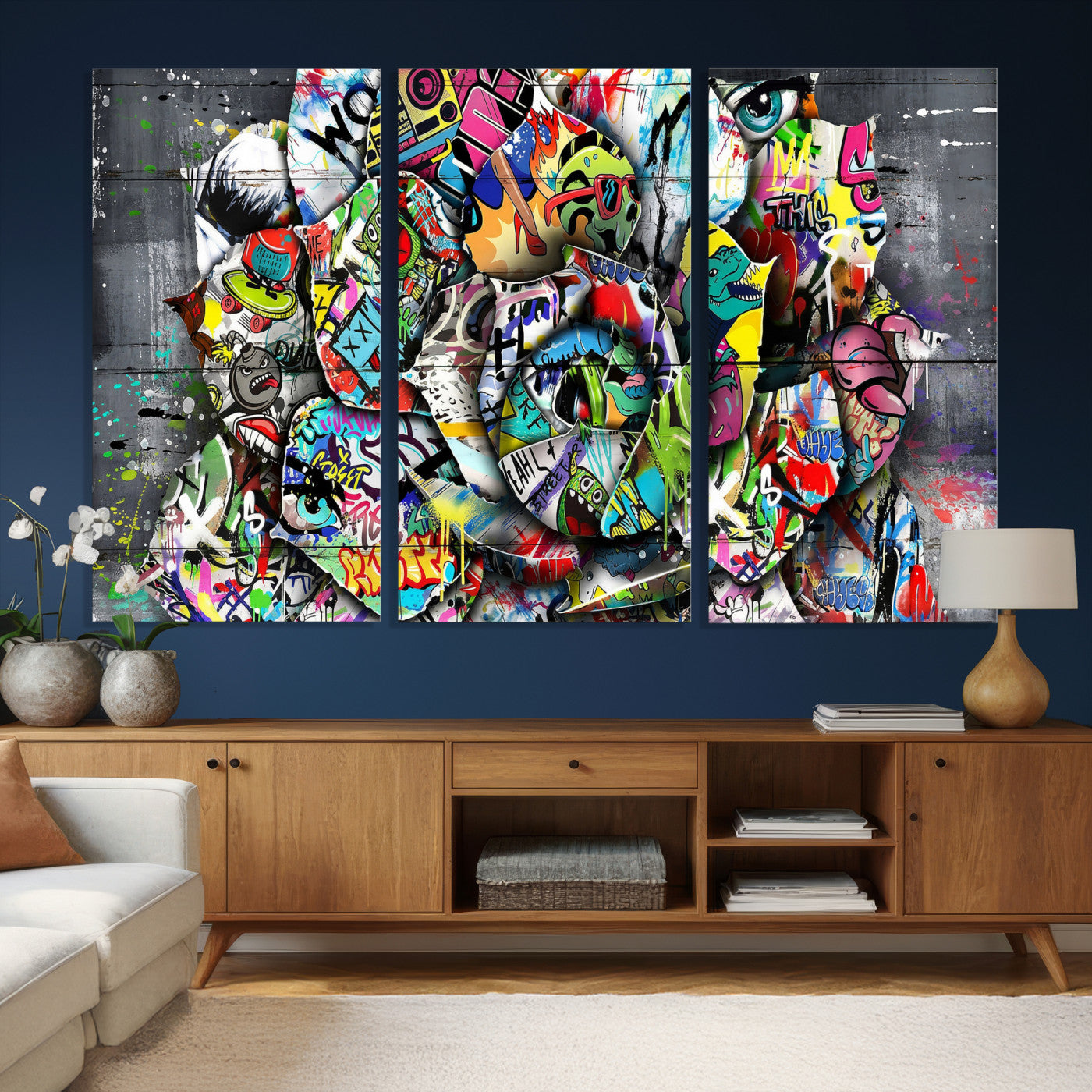 77553344-MGV-CV-36X24 - Abstract Graffiti Collage Street Art Wall Art Canvas Print, Colorful Urban Pop Art Canvas Print, Modern Graffiti Patchwork Contemporary Art Printing