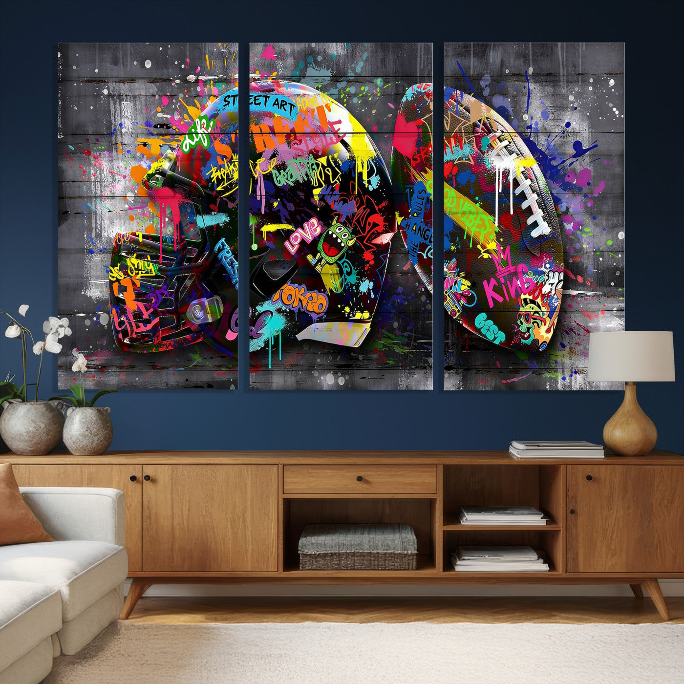 80540773-MGV-CV-36X24 - Graffiti American Football Helmet Street Art Wall Art Canvas Print, Urban Sports Pop Art Football Canvas Print, Colorful Graffiti Sports Contemporary Art Printing