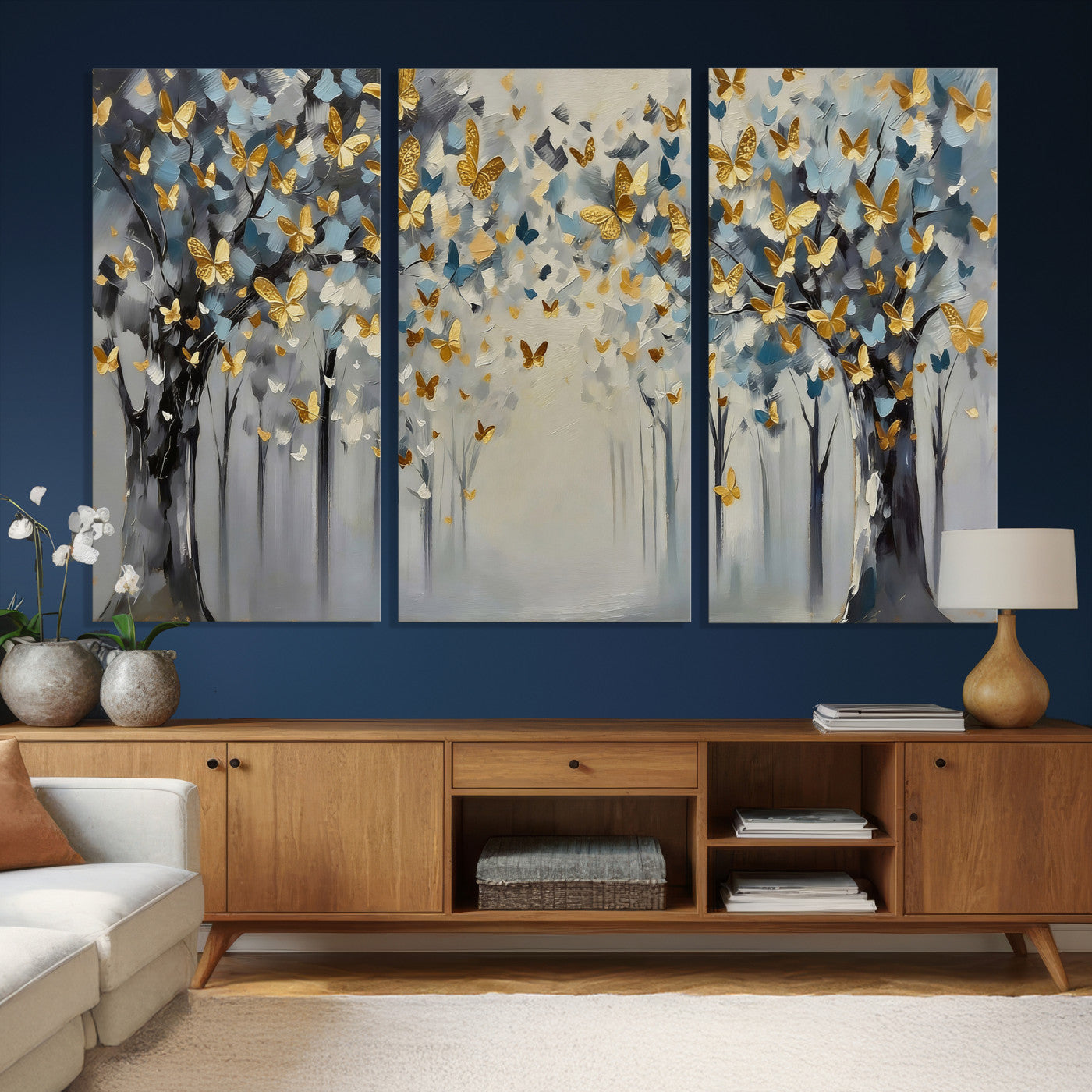 79208191-MGV-CV-36X24 - Golden Butterfly Tree Abstract Wall Art Canvas Print, Modern Elegant Nature Painting Canvas Print, Blue Gold Contemporary Floral Art Printing